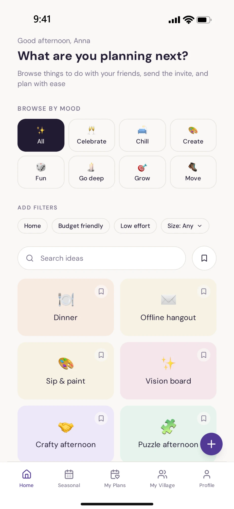 The Villager app home screen